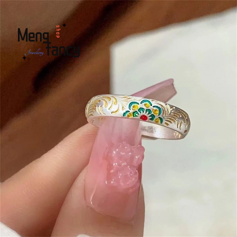 

Silver New Style Wealth Attraction Ring, Enamel Ring Treasure Flower, Tang Dynasty Grass Pattern, Traditional Chinese Style Ring