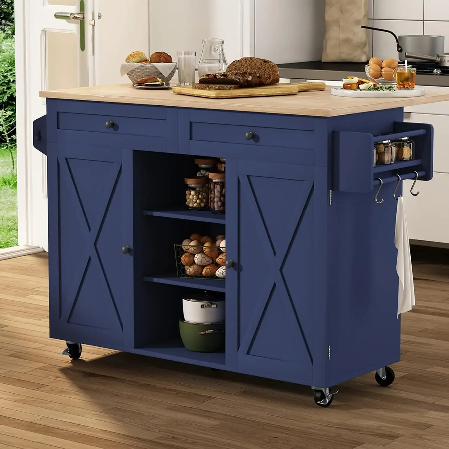 HLR Kitchen Island On Wheels, Rolling Kitchen Island Cart with Drop Leaf Countertop, Barn Door Kitchen Island Table with