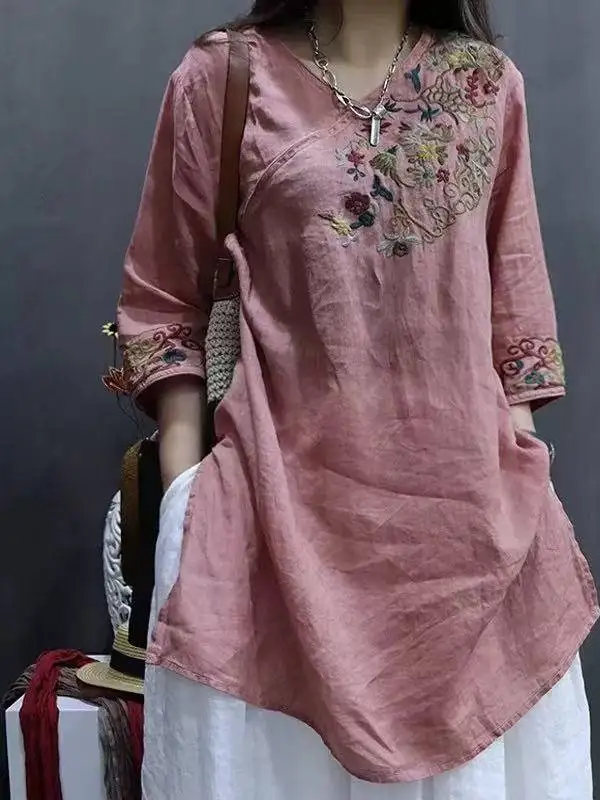 Csa Larga Retro de Aodón y Lino con Bordado para Mujer, Talla ande, Verano, Casual, Cuello en V, Estilo Adeazante, B...