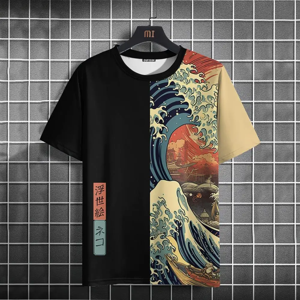 Japanese Style Men\'s T-Shirt Ukiyo-e Sea Wave Pattern Printing T-Shirts Casual Loose Short Sleeve Tee Oversized Men Clothing Top