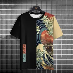 Japanische Art Herren T-Shirt Ukiyo-E Sea Wave Muster Druck T-Shirts lässig lose Kurzarm T-Shirt übergroße Männer Kleidung Top