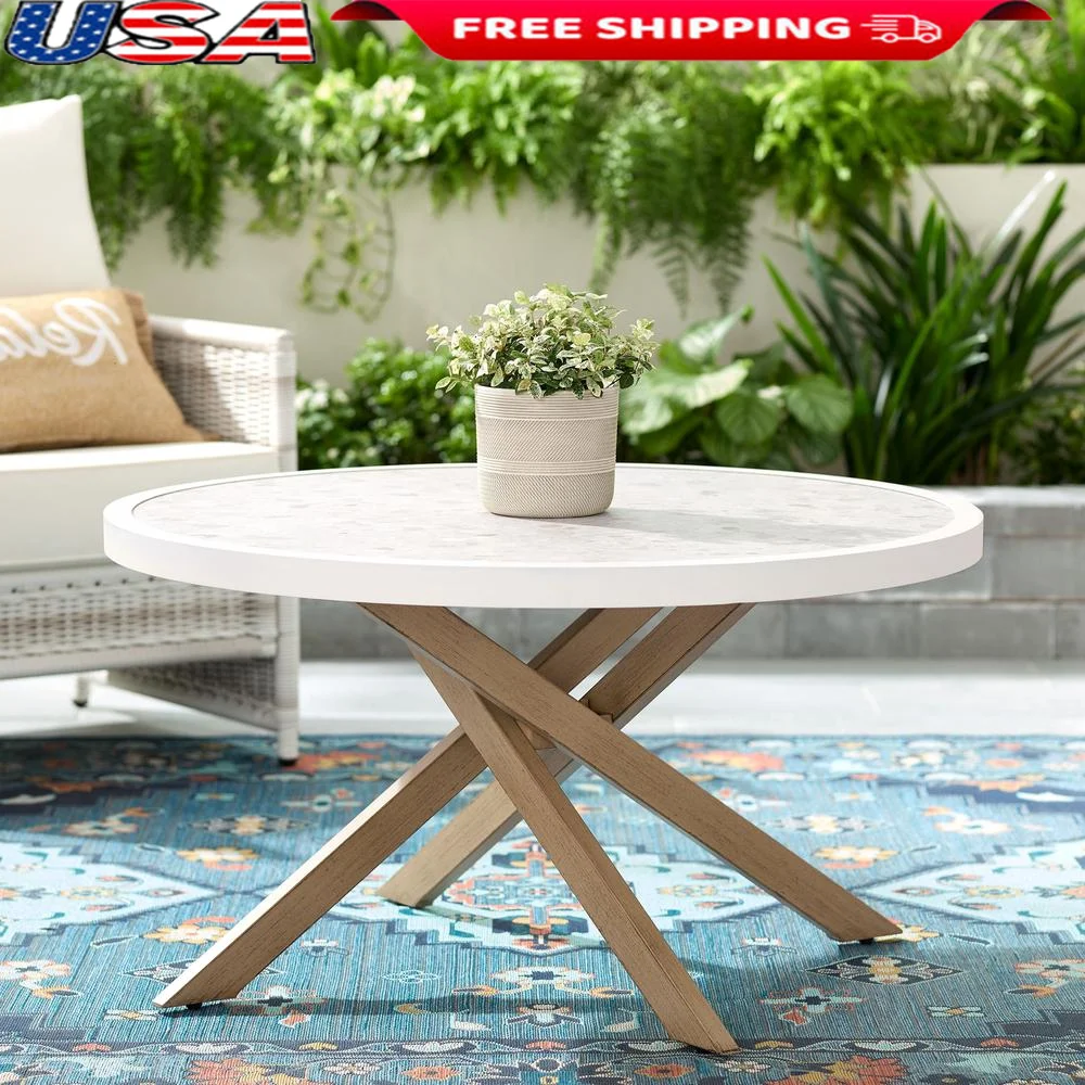 

Weather-Resistant Round Outdoor Coffee Table Ceramic Tile Top Durable Steel Frame Easy Assembly Ideal Patio Porch Deck