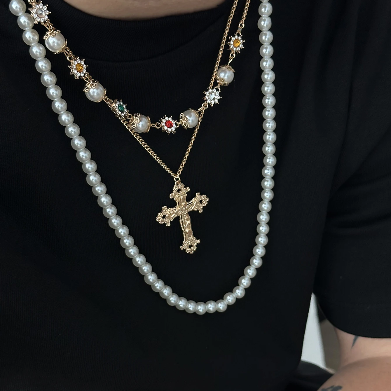 Lacteo 3 Teile/satz Kreative Strass Imitation Perle Kette Halskette für Männer Goth Große Jesus Kreuz Anhänger Halsband Y2K Jewely Geschenk