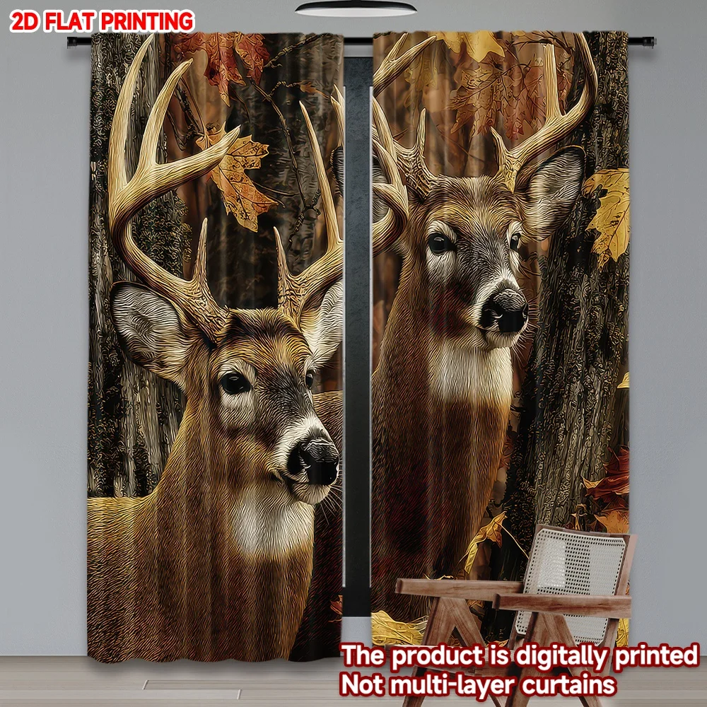 

2D flat printing 2pcs Party Curtain Autumn Forest Deer Duo Digital Printed Polyester Drapes Festive Curtains Perfect for Room