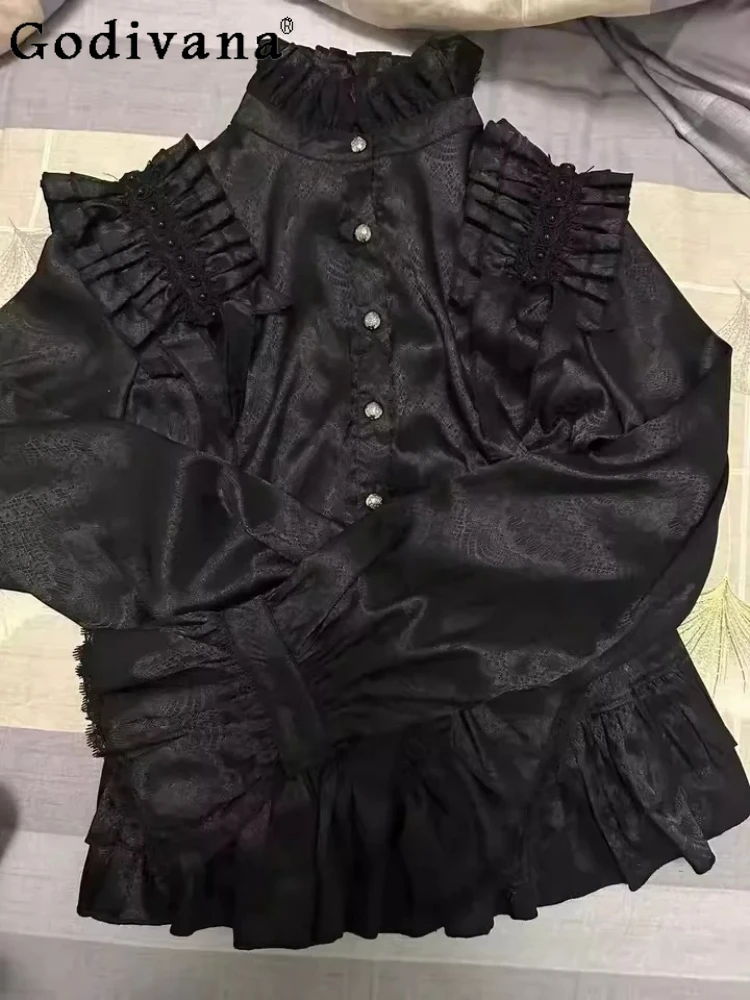 

Spring Autumn New Black Lolita Retro Gothic Court Style Shirt Fashion Versatile Age Reduction Chic Punk Cos Long Sleeve Shirts