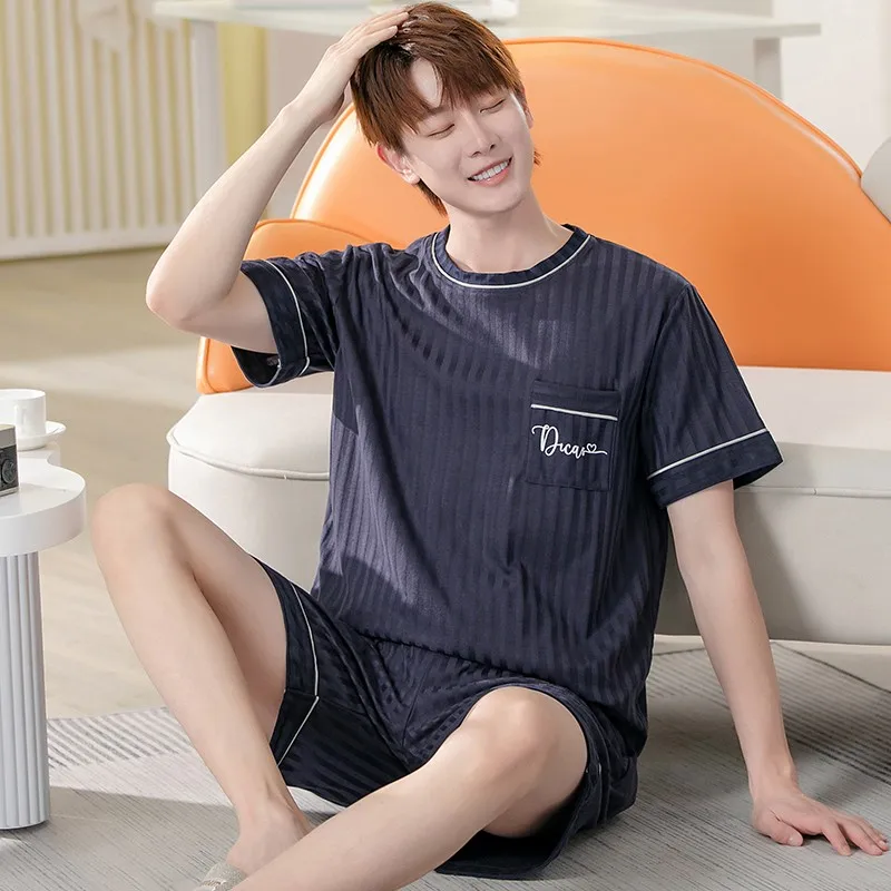 2023ฤดูร้อนใหม่ถักผ้าฝ้ายผู้ชายแขนสั้นชุดนอนชุดชายชุดนอนชุดลำลอง Loungewear Man ชุดนอน pjs homewear