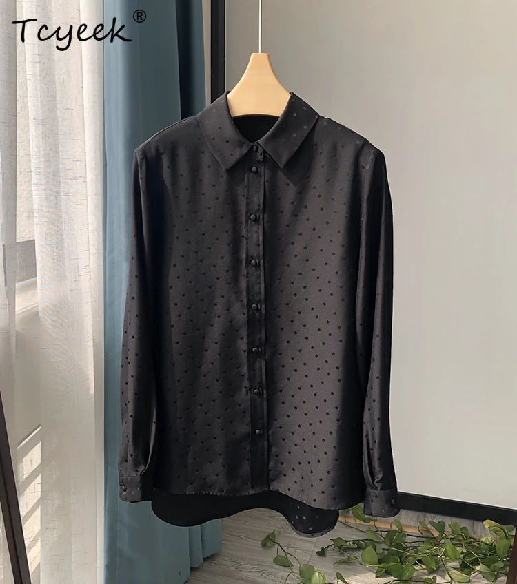Tcyeek, camicie eleganti in seta 100% 18MM, manica lunga da donna, camicetta casual Jaquard a pois larghi, primavera autunno 2024 T4D115JC