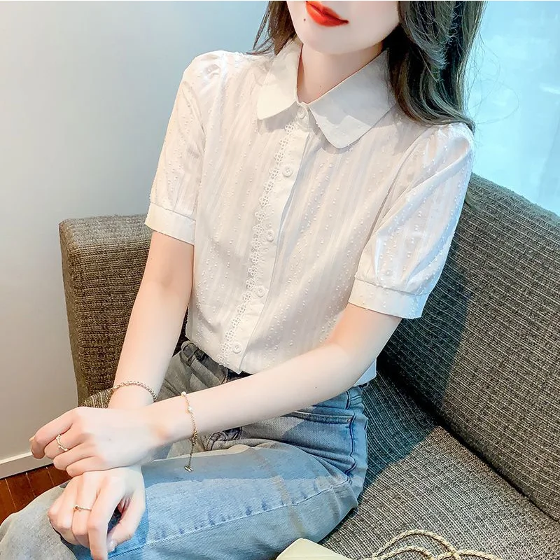 2024 New Summer Office Lady Loose Casual Retro Korean Style Women\'s Shirt 100%cotton Lace Splicing V Neck Short Sleeve Chic Tops