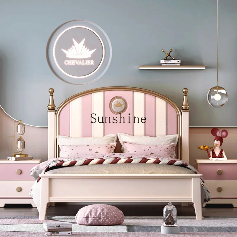 

Pure solid wood children's bed girl pink princess suite light luxury furniture simple and modern