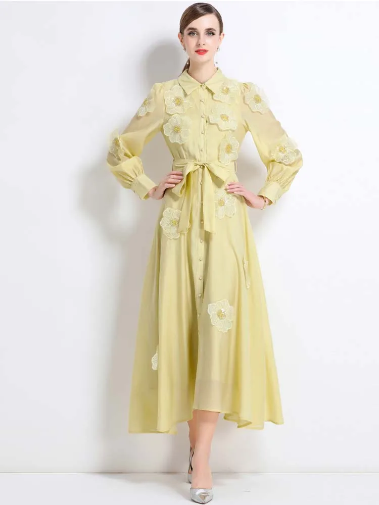 Długa sukienka koszulowa z cekinami i kwiatowym wzorem Damska Jesień 2025 Luksusowe Sukienki Maxi z długim rękawem i paskami Elegancka Jednolita INKEO 5D239