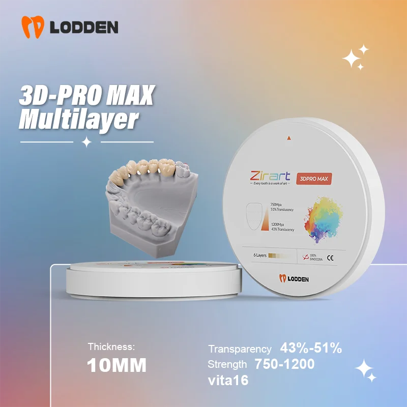 

LODDEN 1200PMa 6-слойный диск 3D PRO MAX Многослойные блоки циркония 98x10 мм для CAD/CAM Материалы для стоматологии Прозрачность 43-51%