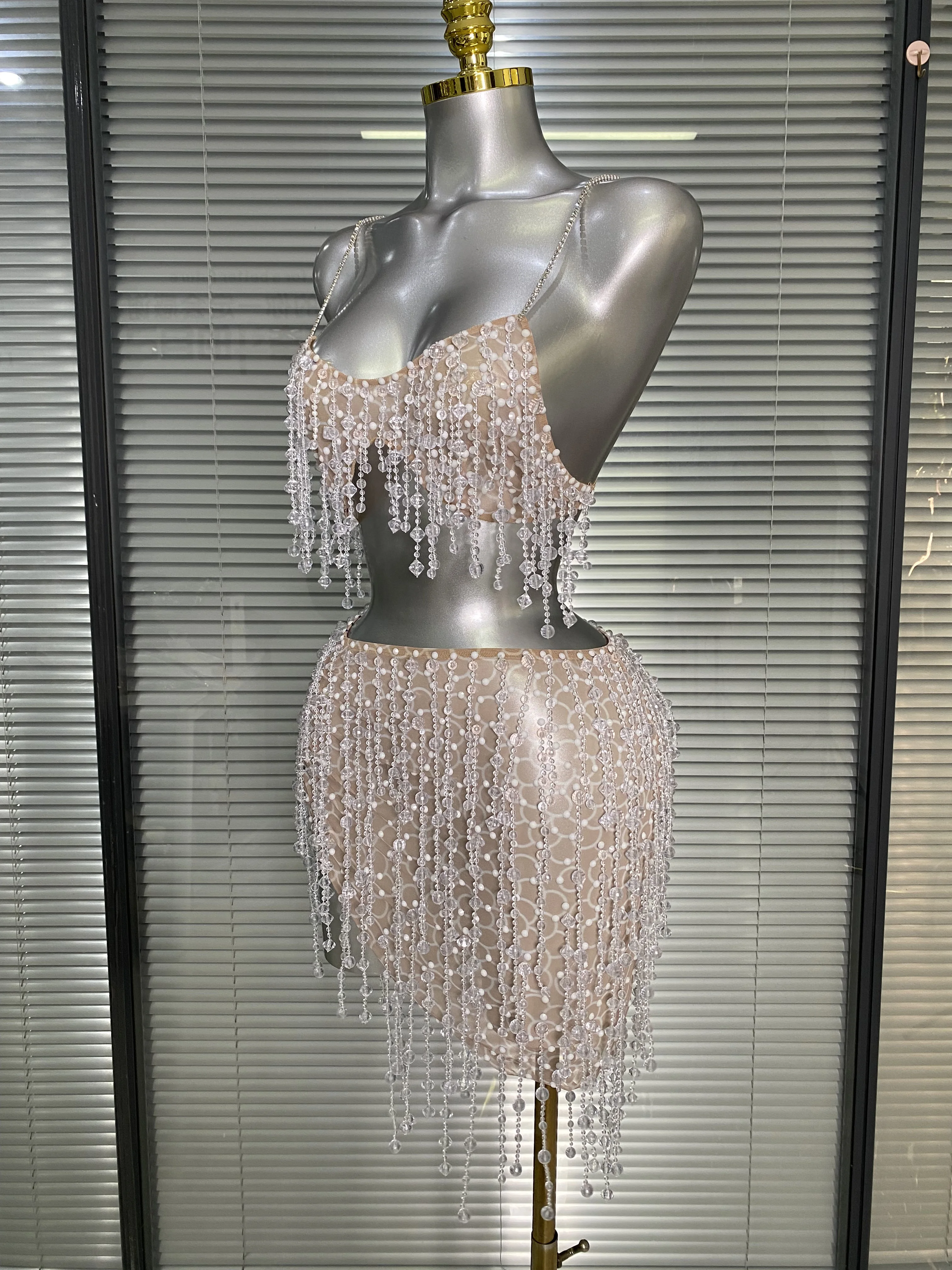 Luxury Women Sexy Sparkly Pearls Mesh See Through Two Pieces Set Mini Birthday Dress Party Nightclub Performance Costume