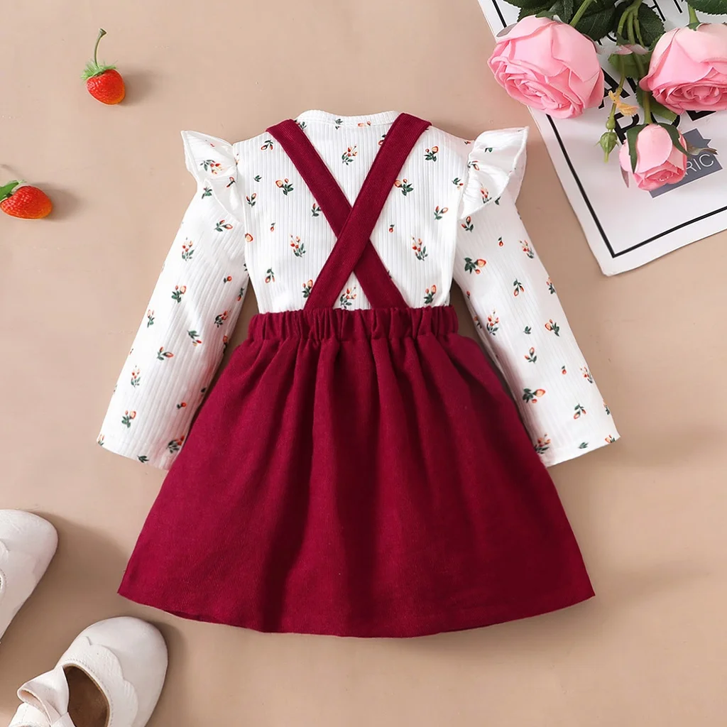 2PCS Newborn Baby Birthday Princess Dress Set Long Sleeves Romper+Red Strap Skirt for Infant Girl 0-18 Months New Year Outfits