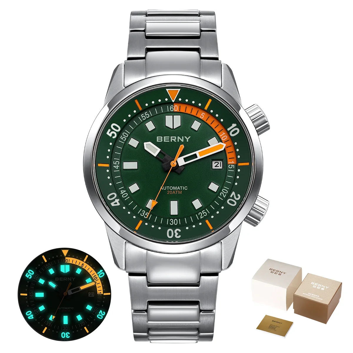 BERNY Herren-Taucheruhren, 200 m wasserdicht, superleuchtend, automatische mechanische Taucheruhr, 42 mm, Saphir-Schwimm-Tauch-Armbanduhr 3