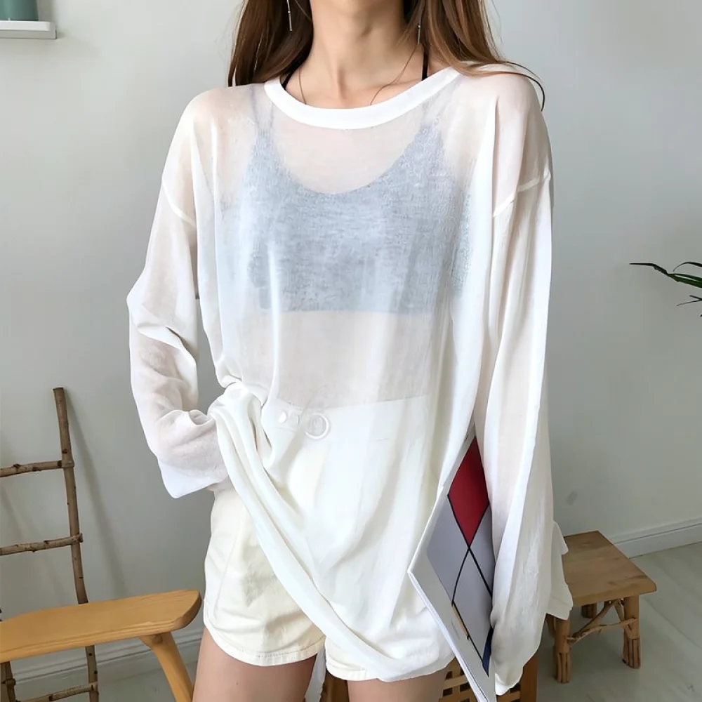 Womens Ribbed Texture Long Sleeve Top Ice Silk Casual Tee Loose Fit Sun Protection Shirt Breathable Soft Summer Clothing