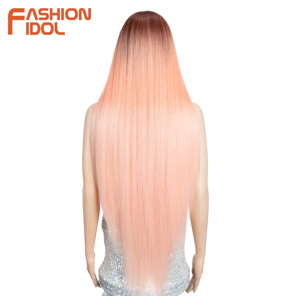 FASHION IDOL Lace Front Wig Synthetic 36 Inches Long Kinky Straight Wig Ombre Pink Cosplay Wigs For Women Party Daily Fake Hair