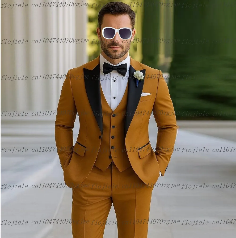 Gola preta amarelo escuro terno masculino formal festa de casamento noivo padrinho masculino smoking personalizar 3 peça conjunto jaqueta colete calças