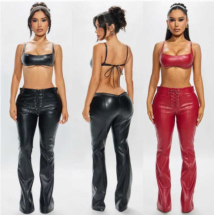 

Sexy Bikini Tops Leather 2 Piece Pant Set Outfits 2026 Women Summer Clothing Elegant Luxury Crop PU Top Two Piece Sets