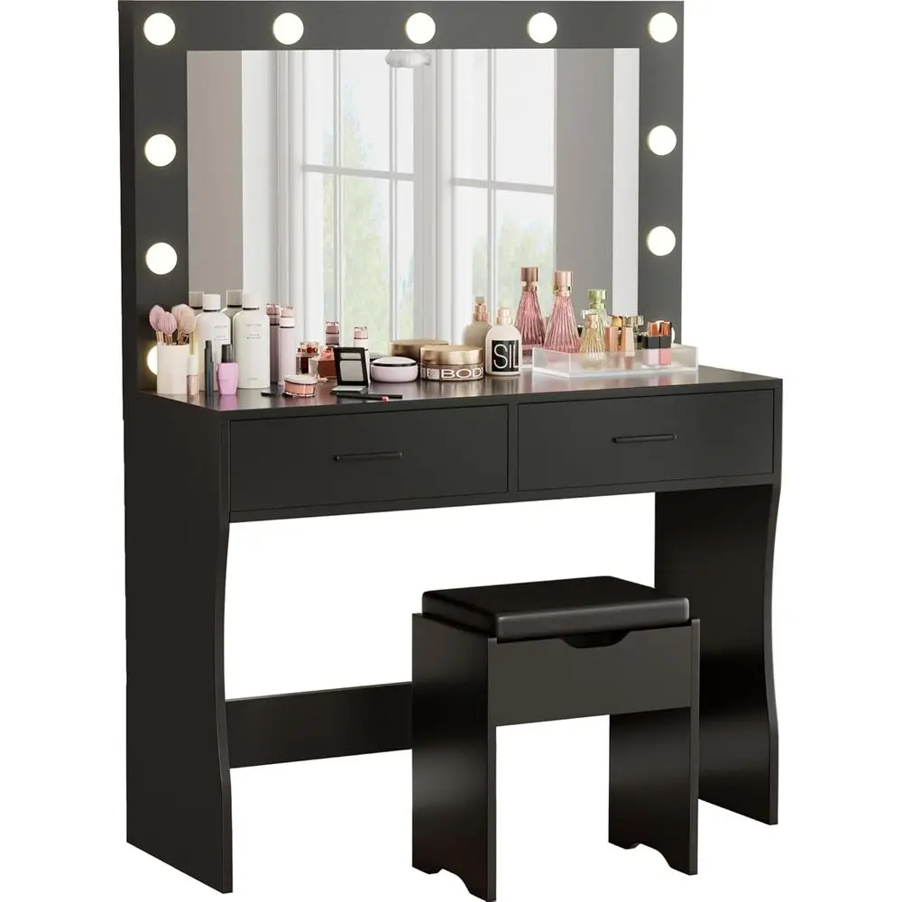 

35.4 Inch Large Lighted Mirror Vanity Desk Set with Storage Stool, 3 Lighting Modes, Black