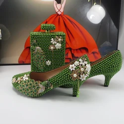 BaoYaFang Olive Green Bridal Wedding shoes and purse for Women Peacock Fashion High Pumps Evening Party Shoe and bag Female