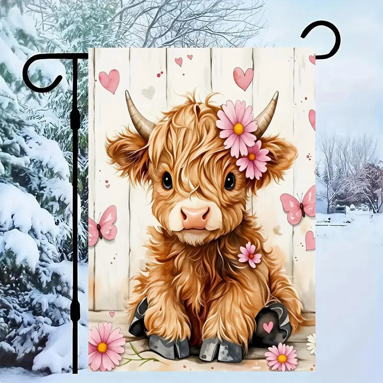 Highland Cow with Pink Flowers Garden Flag 12x18 Inch - Small Vertical Burlap Yard Flags, Rustic Farmhouse Outdoor Decor for MMZ