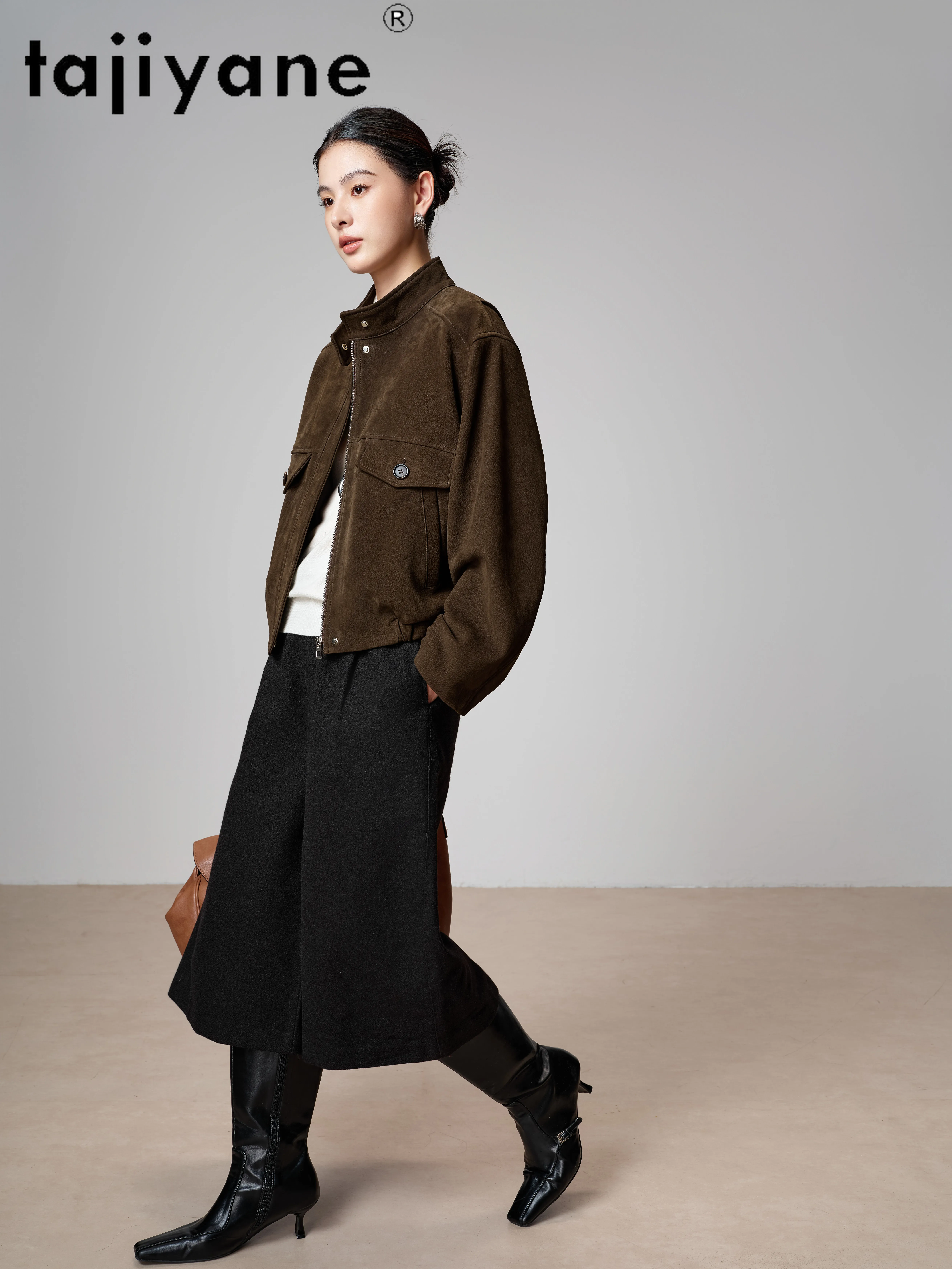 TAJIYANE Suede Goatskin Short Biker Jackets Women New Autumn Retro Coat High‑End Genuine Leather Jacket Woman Clothing 2026 가죽자켓