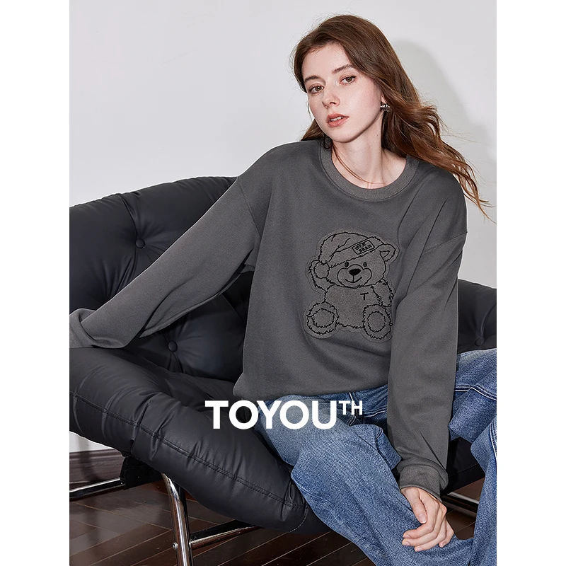 TOYOUTH Women Plush Hoodies Sweatshirt 2024 Autumn New Bear Pattern Round Neck Thicking Warm Sweatshirt Pullover Tops