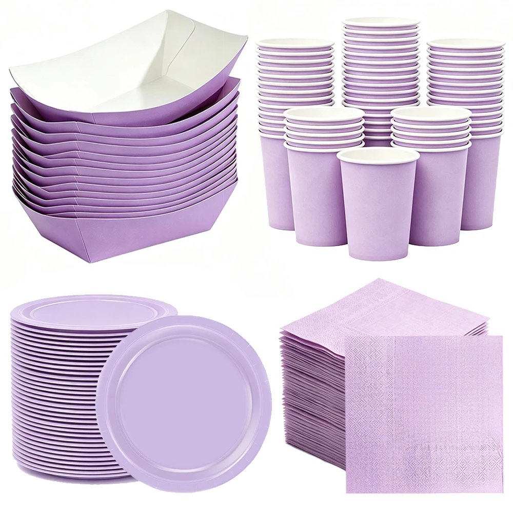 Solide lila Pappteller, Tassen, Servietten, Tablett, hellviolettes Einweg-Papiergeschirr, Geschenktüte, Hochzeit, Geburtstag, Party-Zubehör