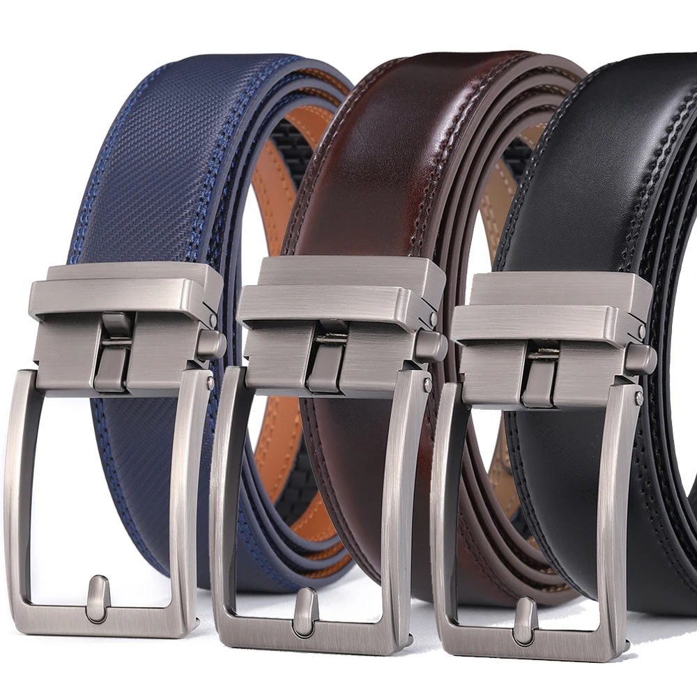 Click Belts for Men Luxury Brand Designer Fashion Automatic Buckle Genuine Leather Men's Belt Male Jeans Waist Strap Blue 3.5 cm