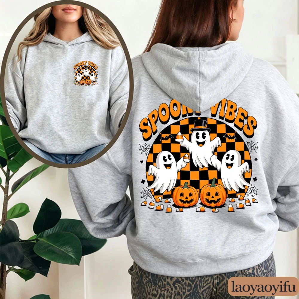 Spooky Vibes Hoodie Halloween Sweatshirt Retro Checkered Ghost Fall Spooky Season Pumpkin Candy Gift for Retro Halloween Fan