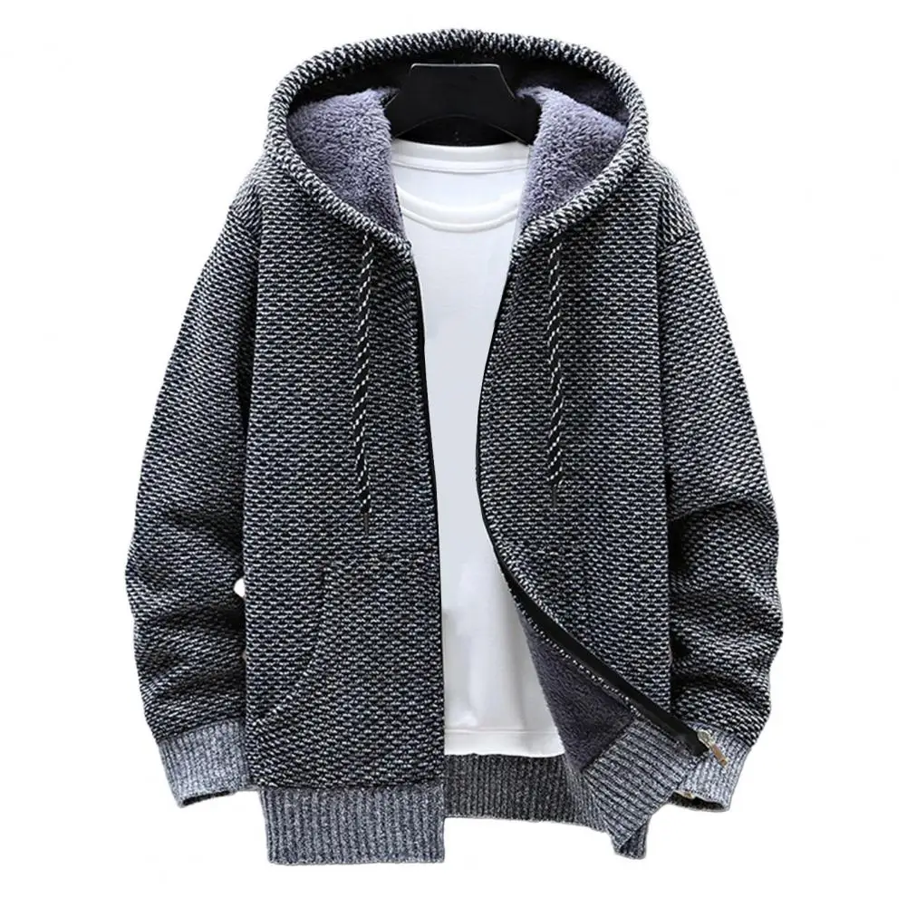 Men's Knit Fleece Sweater Striped Coat Cardigan Hoodies Winter Autumn Thick Warm Windbreaker Pullovers Male Clothing