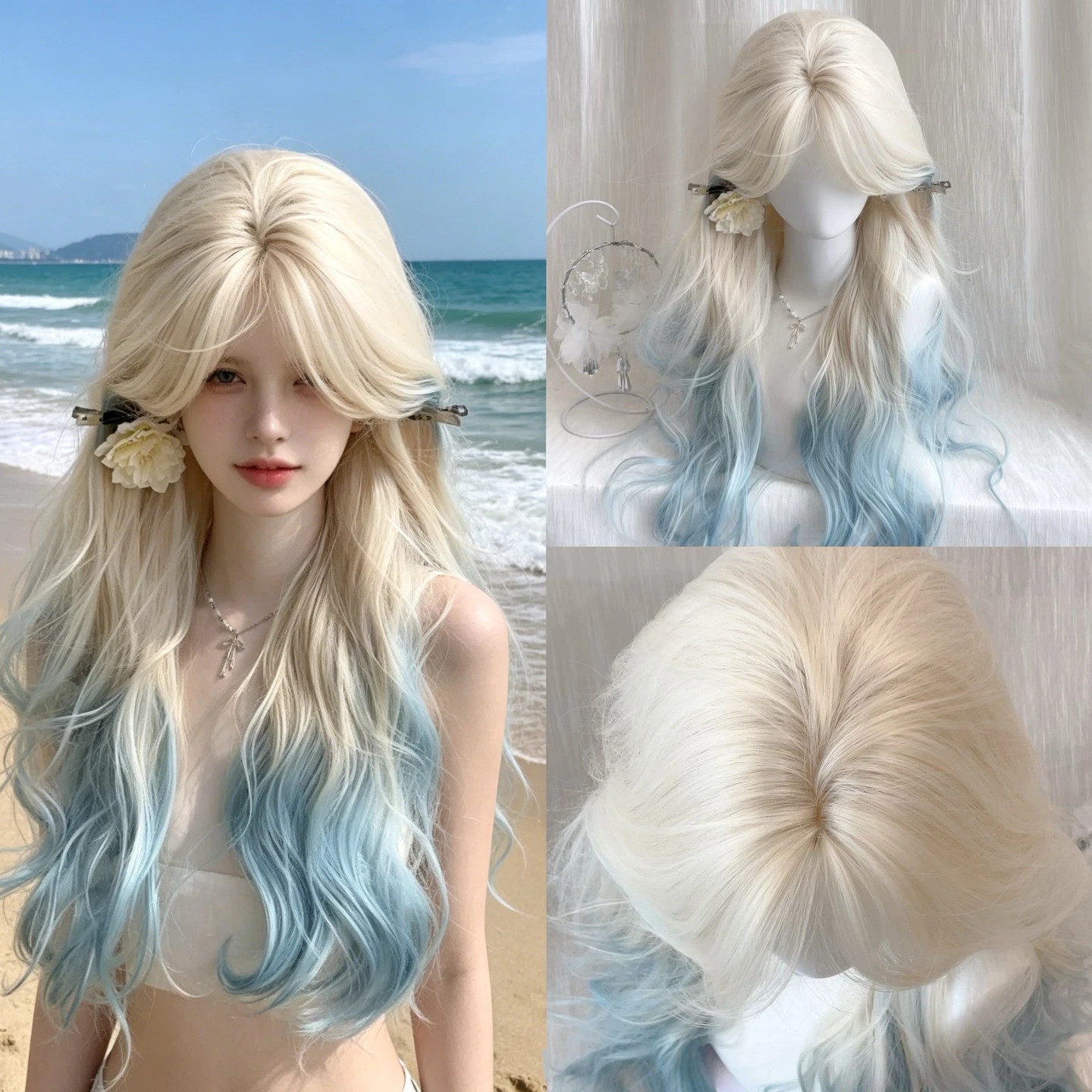 

Ombre Blonde to Light Blue Long Wavy Synthetic Wig for Women, Natural Curly Hair with Bangs, Heat Resistant Cos Daily Party Wig