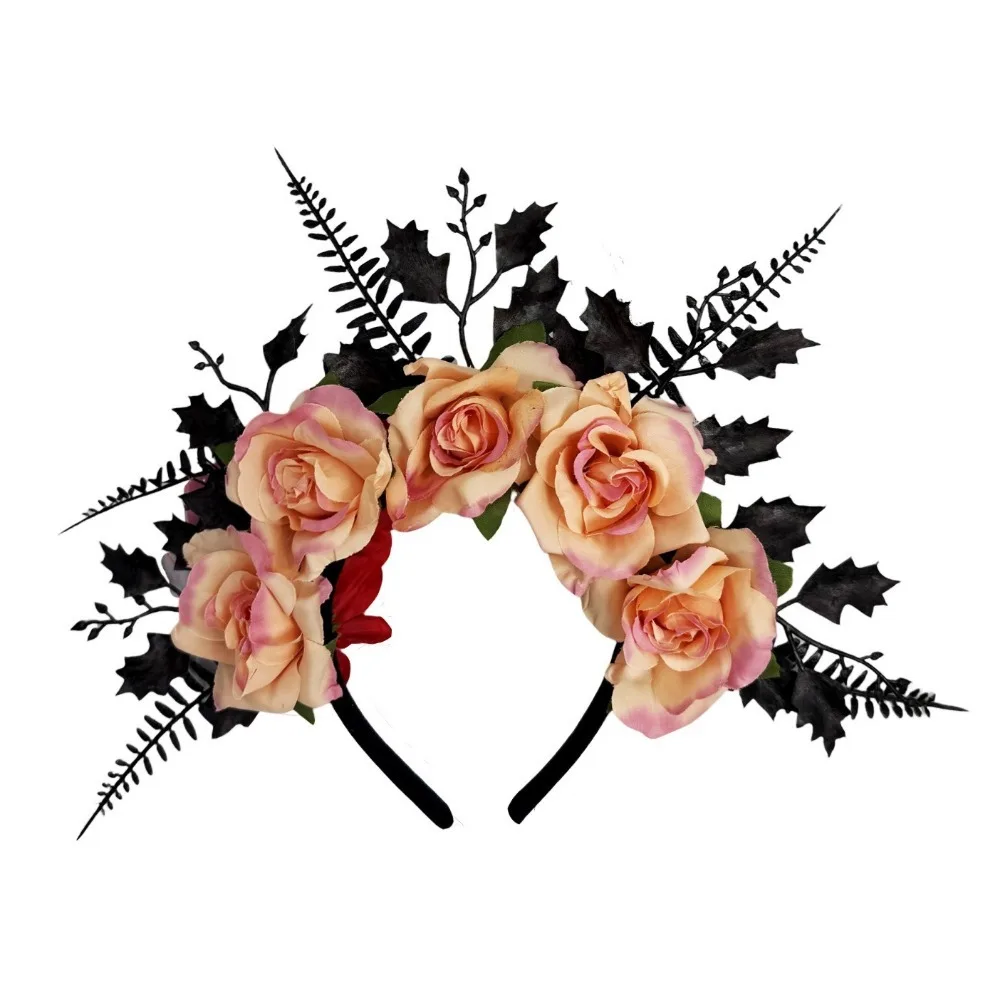 Elegant Style Halloween Rose Headband Simulated Leaf Flower Artificial Flower Headband Vintage Crown Hair Hoop Party