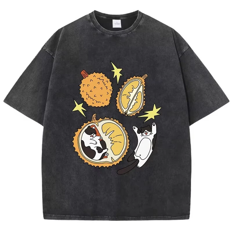 

Unisex Cartoon Cat Nested Durian Print Washed T-shirt Cotton Shirt Worn Out Round Neck Top Trendy Streetwear