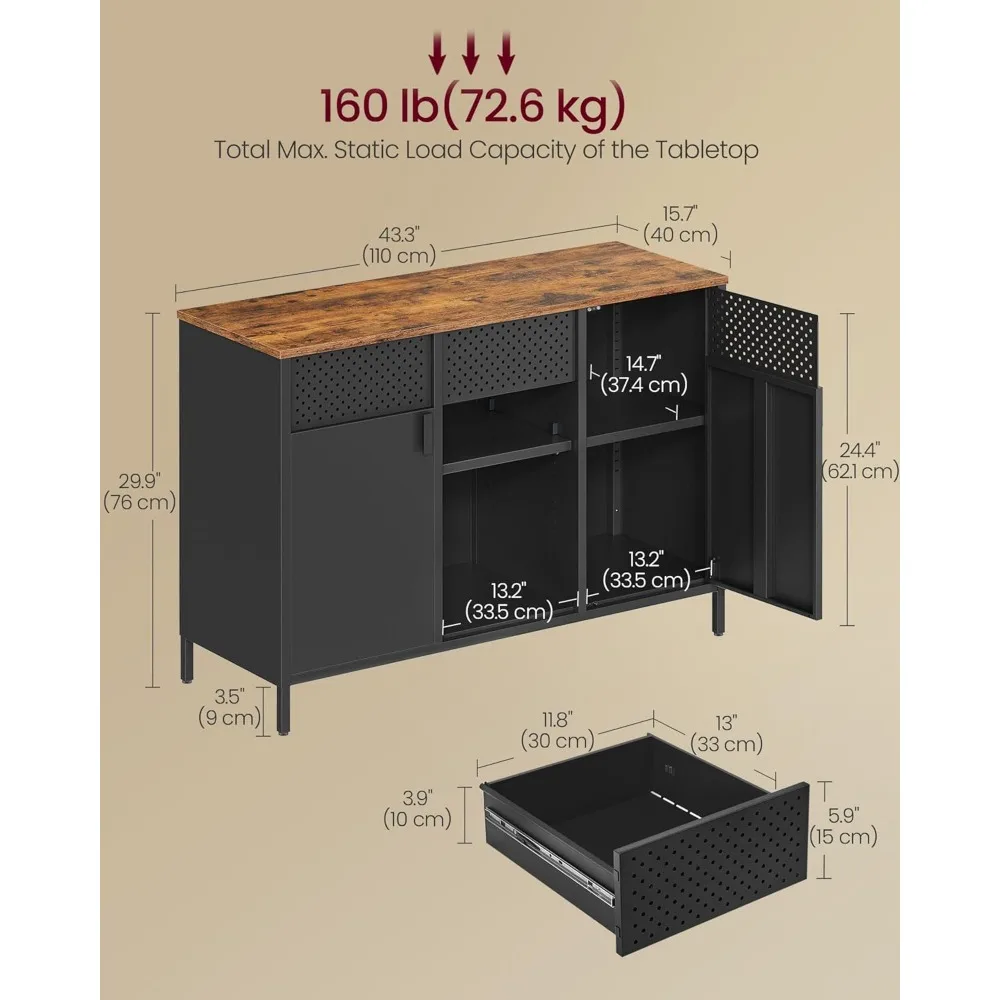 خزانة تخزين، خزانة معدنية، خزانة جانبية مع بابين، 15.7 × 43.3 × 29.9 بوصة، إغلاق مغناطيسي، أرفف قابلة للتعديل، فولاذ #3