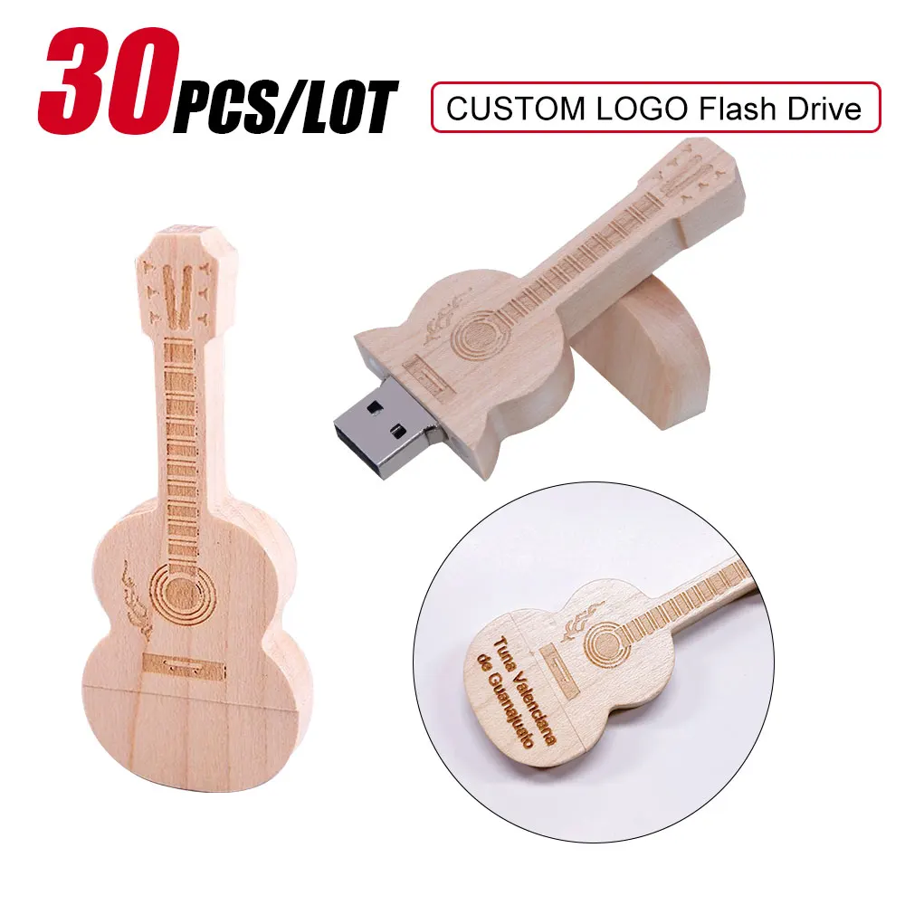 30pcs Free Custom Logo Pen drive Guitar shaped USB flash drive Wooden Memory Stick Music Pendrive Creative gift 64GB 32G 16G 8GB