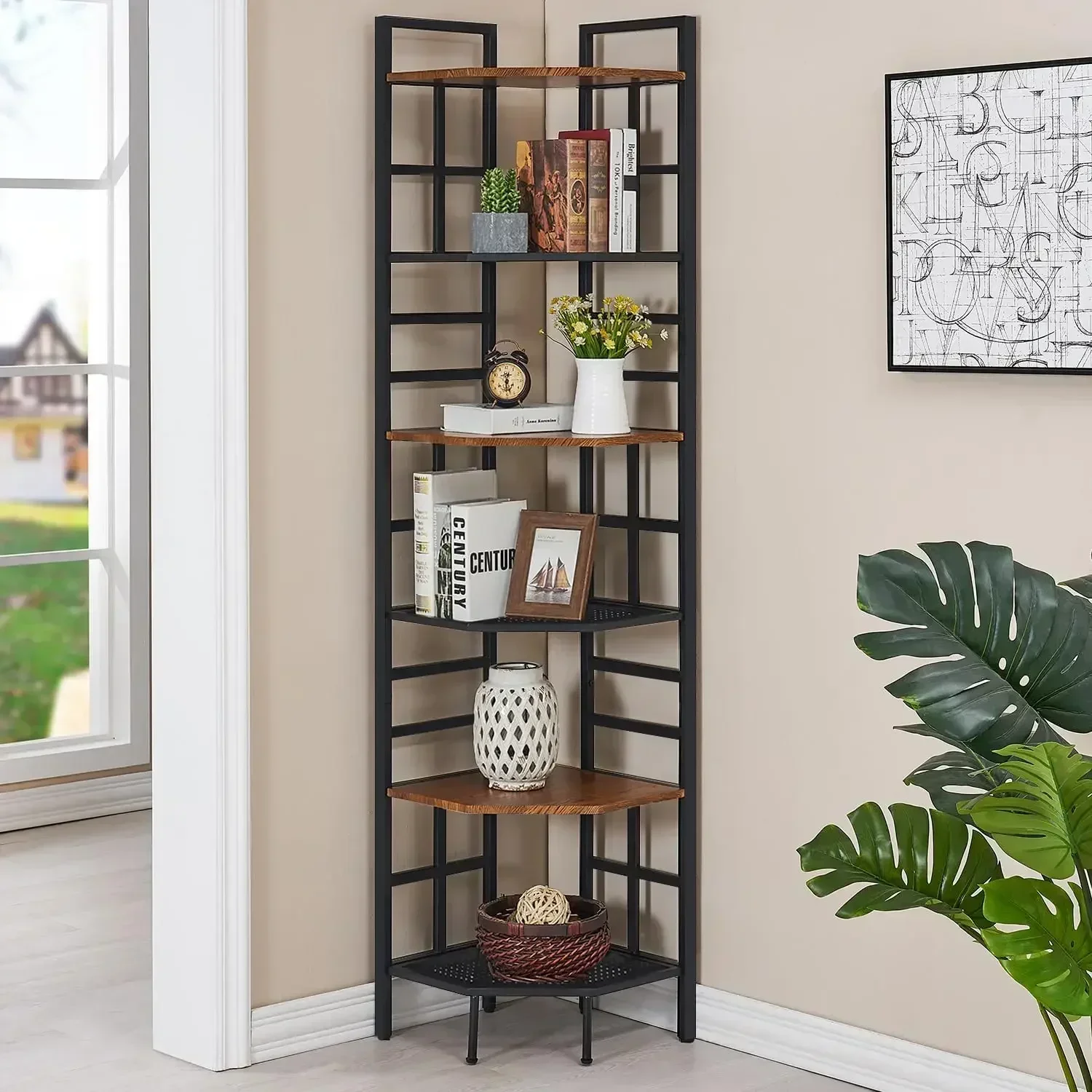 HOMISSUE Corner Shelf, 6 Tier Industrial Tall Corner Bookshelf, Corner Bookcase with Metal Frame and MDF Board, Multipurpose Sto