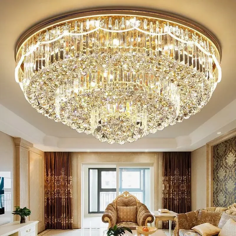 

New side glowing LED living room round light gold rectangular crystal ceiling light