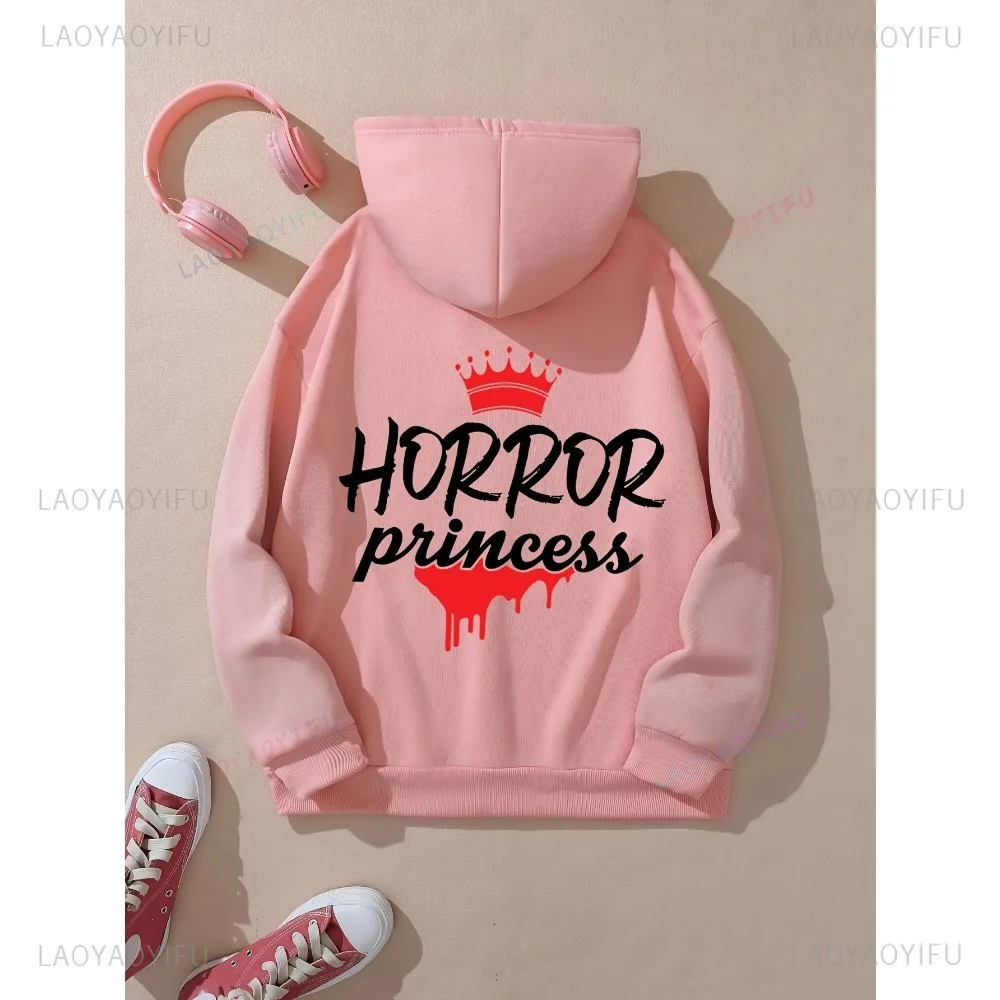 Moletom feminino com capuz estampado de princesa de terror com cordão casual moletom com capuz para inverno e outono moletom forrado de lã macia para mulheres