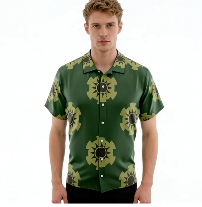 

Anime Cosplay Hawaiian Men's Shirts Green Gear Graphic Beach Party Button Down Tops High Quality Shirts Clothing
