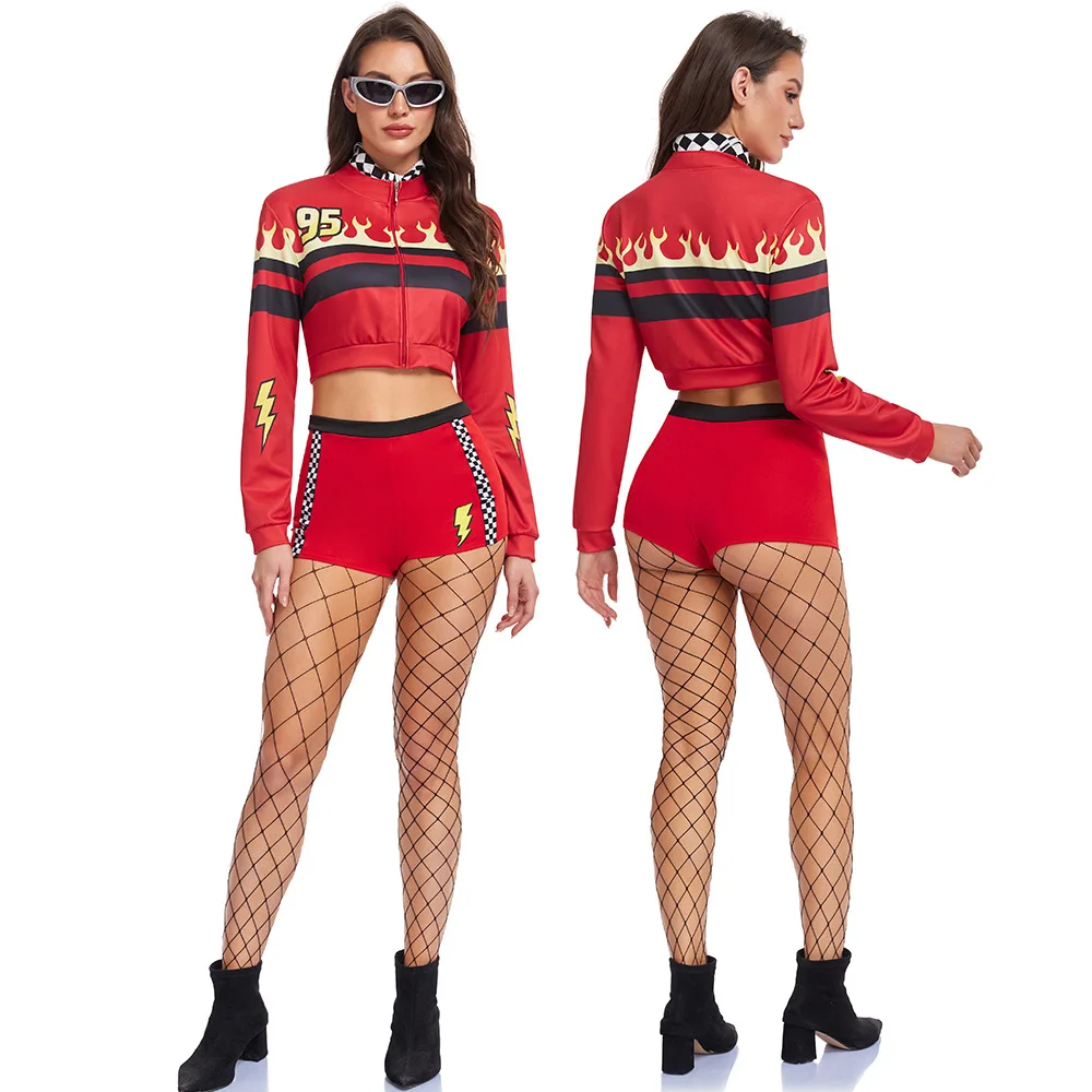 2026 Women's Sexy Race Car Driver Costume Red Lightning Print Crop Top Bra Shorts with Jacket Halloween Cosplay Party Clubwear - view 4