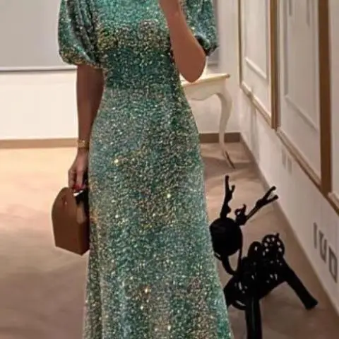 

Glitter Sparkling ort Swedi Dr Linen Fabric Puffy Sves Princ Skirt Casual round Ne Basic Sle Spring 2024