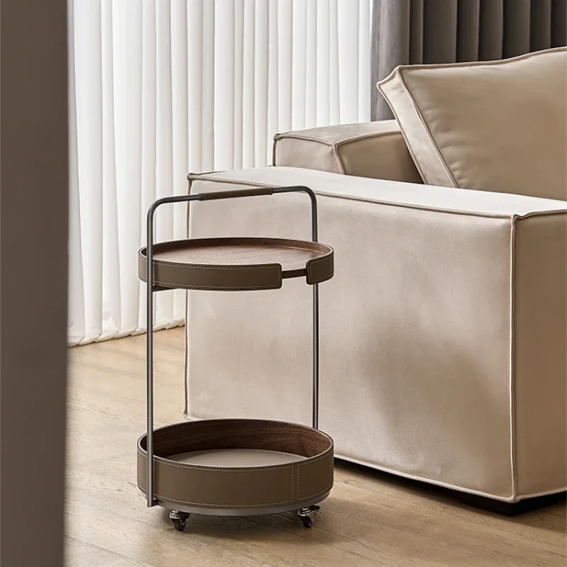 Minimal saddle leather stainless steel movable cart side table coffee table