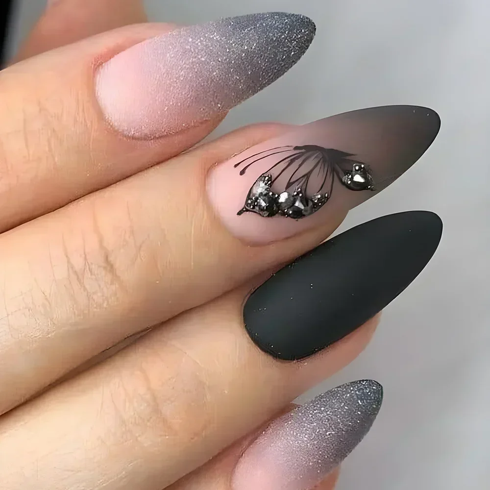 24 pçs outono inverno fosco amêndoa unhas falsas com cola rosa folha impressão arte do prego simples cobertura completa imprensa em unhas acrílicas dicas