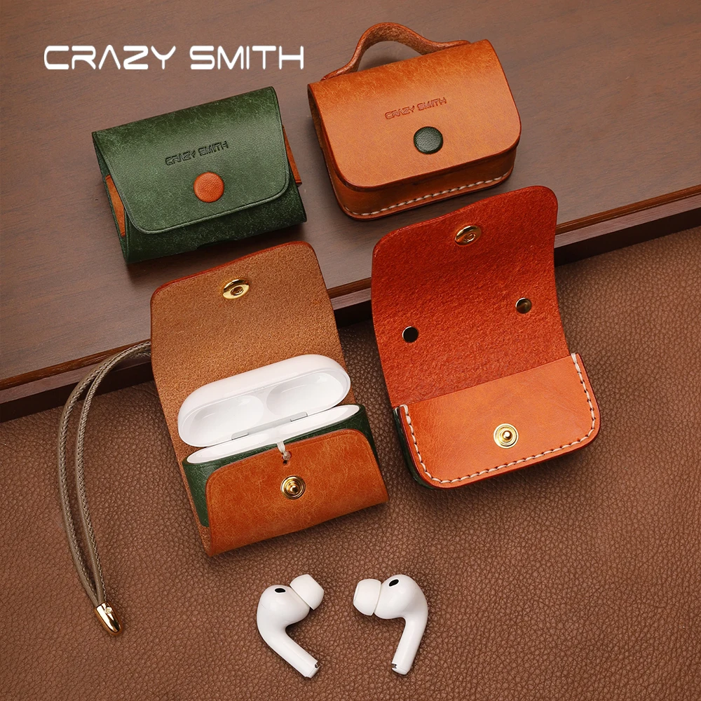 

CRAZYSMITH Handmade100% Genuine Cowhide Earphone Case For AirPods Pro 3 Case Cover Full-Grain Double Layer Headphone Cover Gift