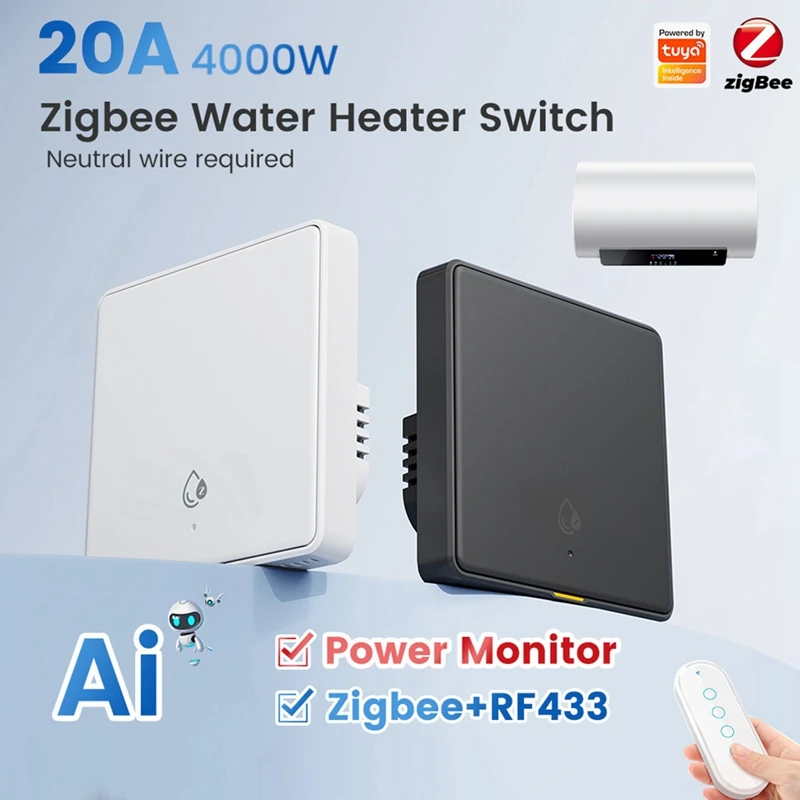 

20A 4000W Tuya Zigbee RF433 Smart Switch Monitor for Hot Water Heater AI Assistant Wall Power Switch+Remote Control B-A31R