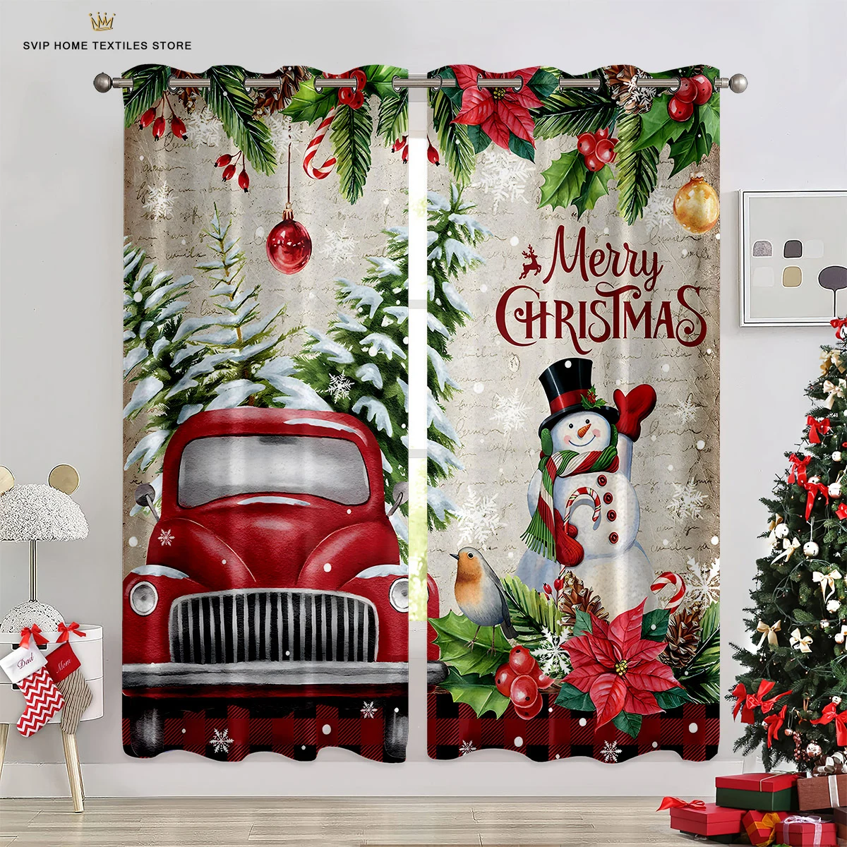 

European Style Christmas Curtains for Living Room, Santa Claus, Snowman, Pink Flower Drapes for Bed Room and Kids Room 2pcs