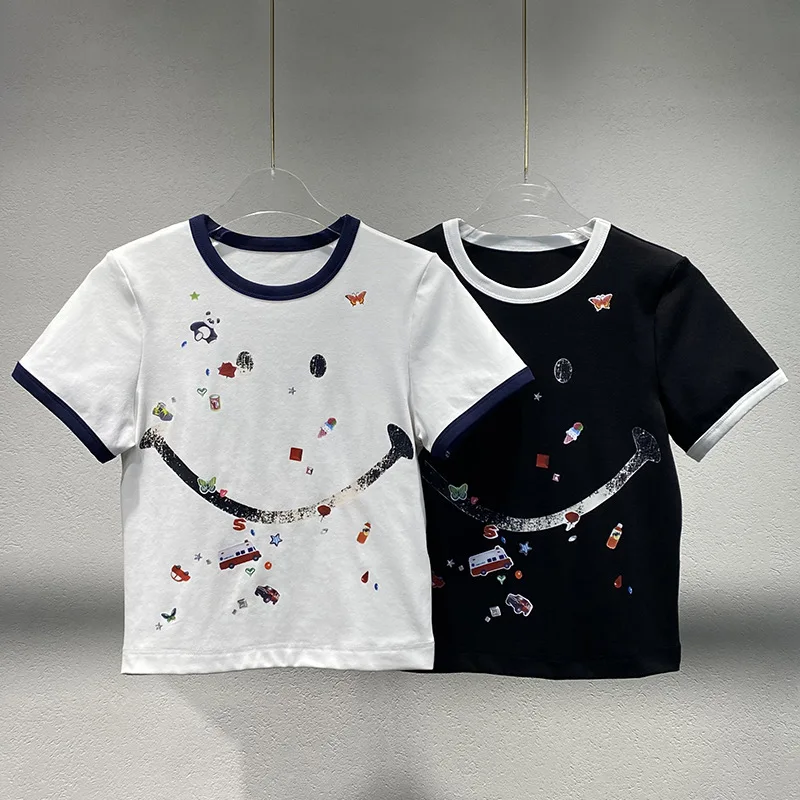 2025 summer new small white printed short-sleeved T-shirt slim round collar blouse women tshirt