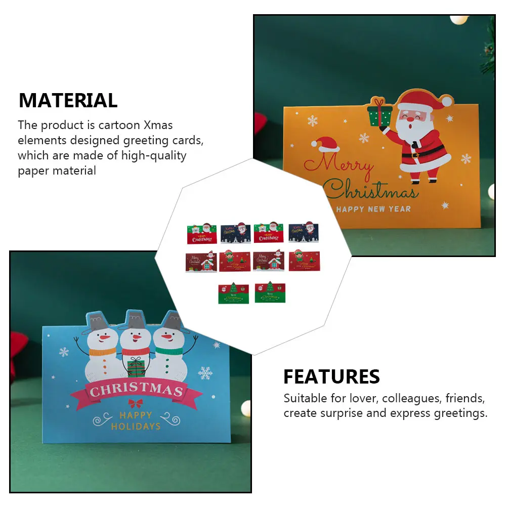 

10 Sets Christmas Card Gift Greeting Cards Xmas Festival Message Blessing Paper Holiday Cartoon