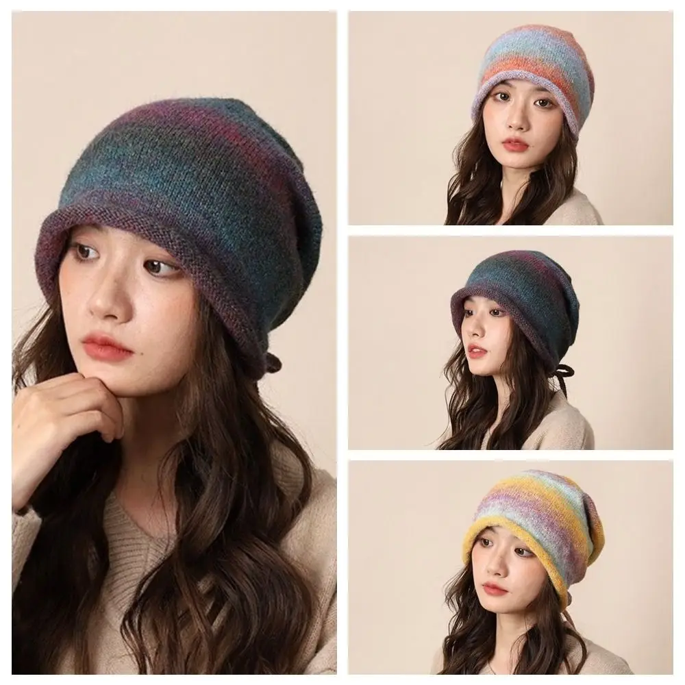 Personality Gradient Color Knitted Stacked Hat Rolled Brim Loose Drawstring Beanies Hat Streetwear Elastic Pile Cap Warmer